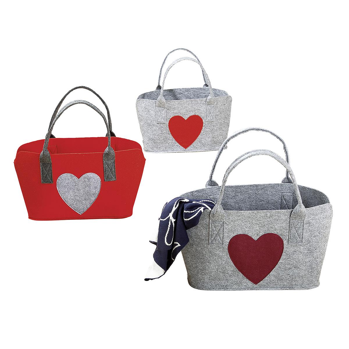 Filztasche mit Herzmotiv <br> grau und rot