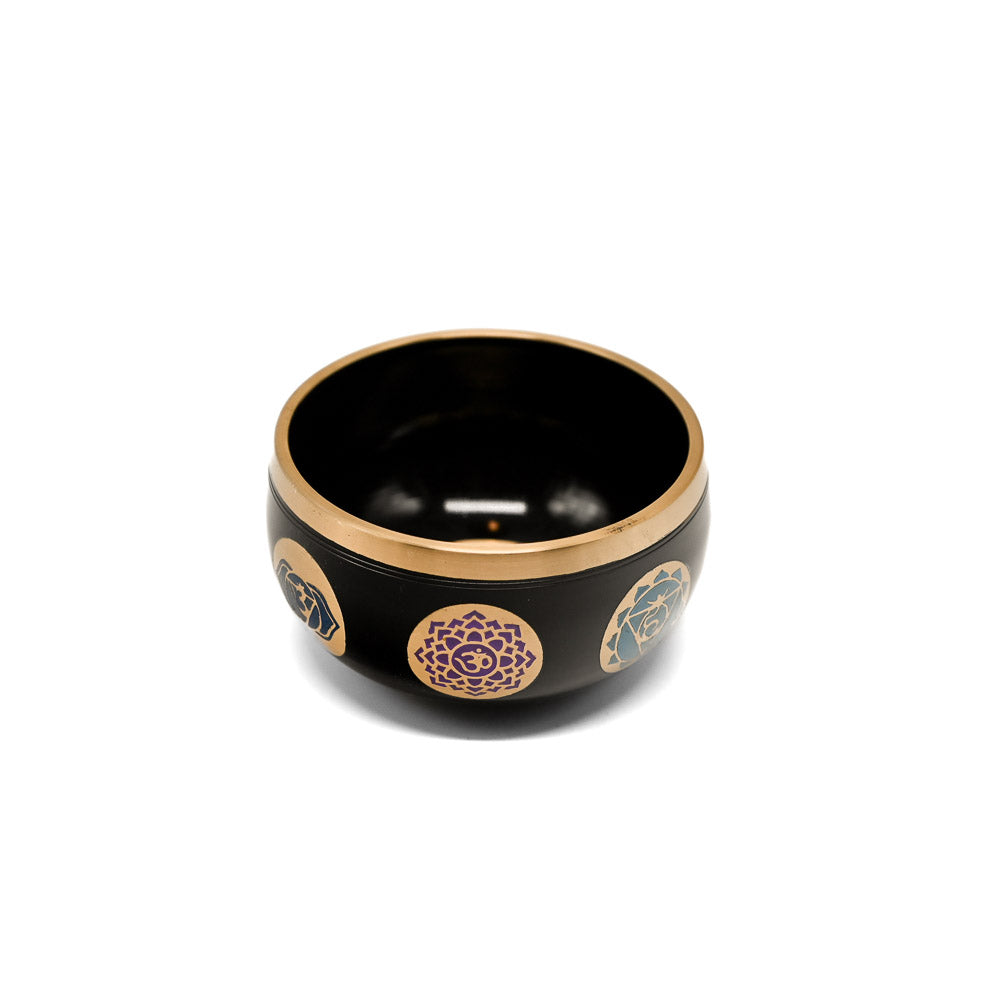 Klangschale mit Chakra-Gravur 10 cm – schwarz, Ton E
