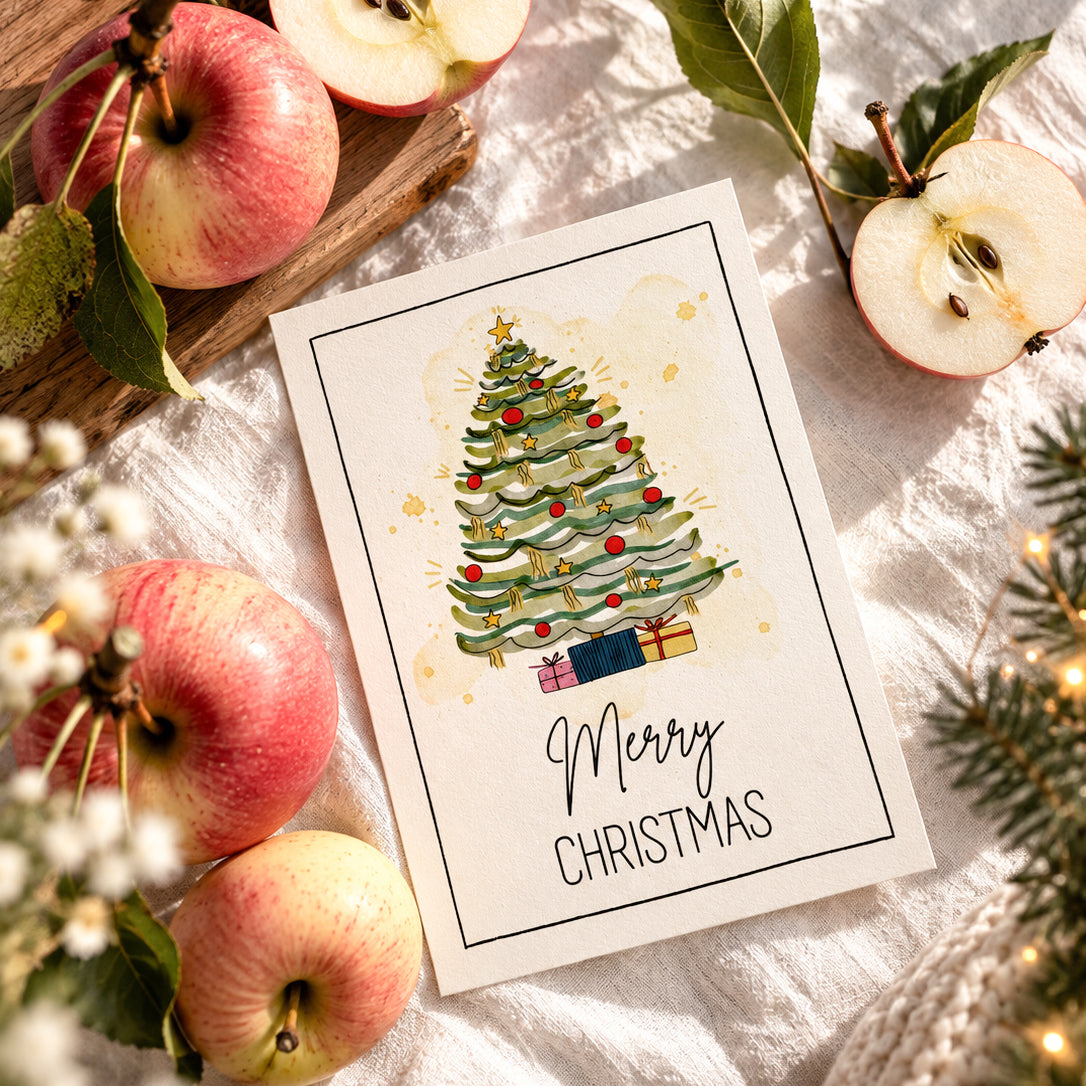 Unikat-Grusskarte aus Apfelpapier – Merry Christmas