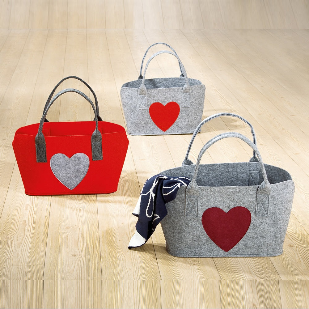 Filztasche mit Herzmotiv <br> grau und rot