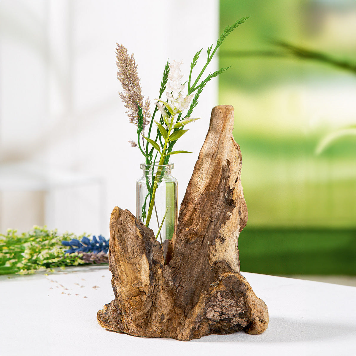 Naturholz Vase aus Schwemmholz mit Glaseinsatz