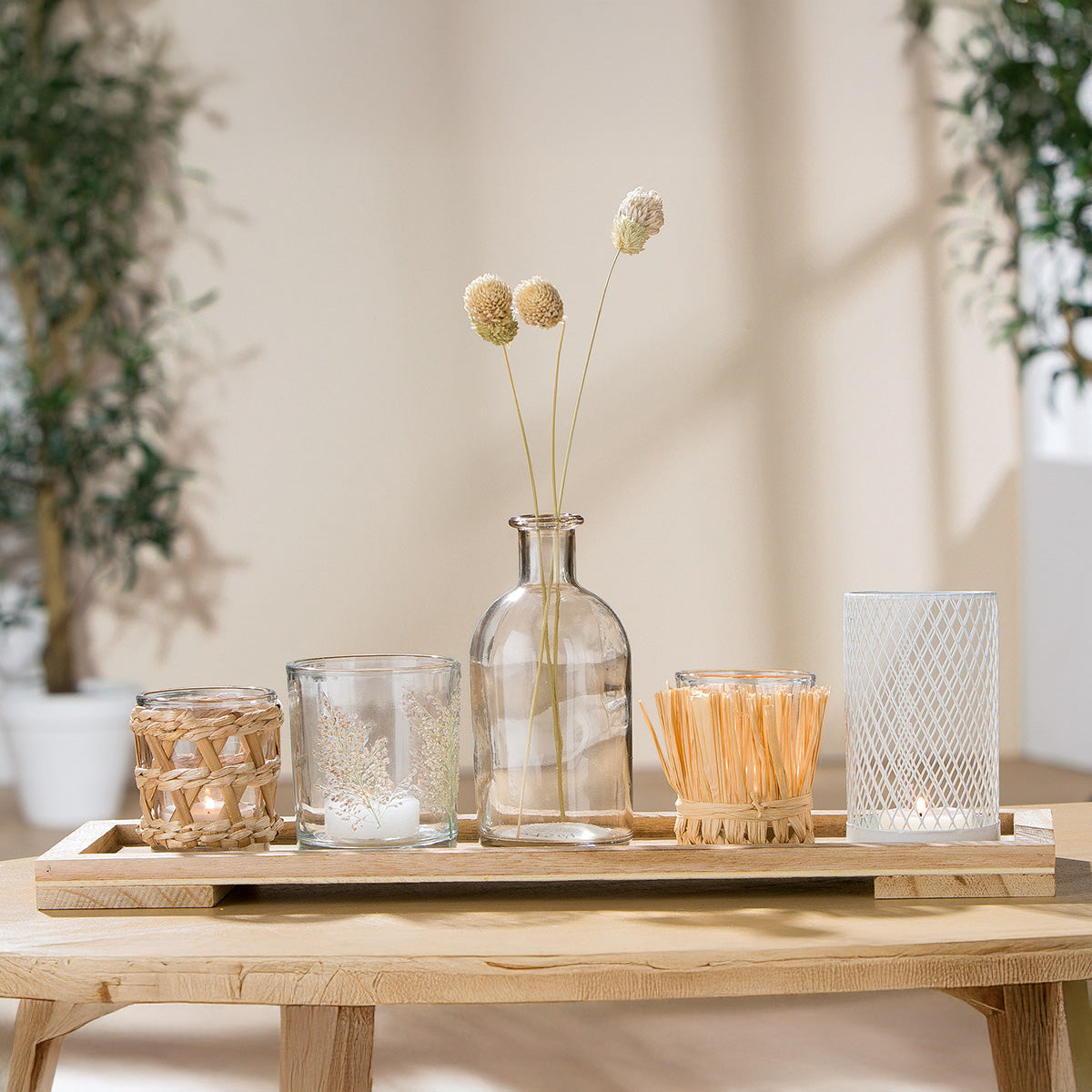 Deko Set Nature mit Vase<br>Windlichtern und Holztablett