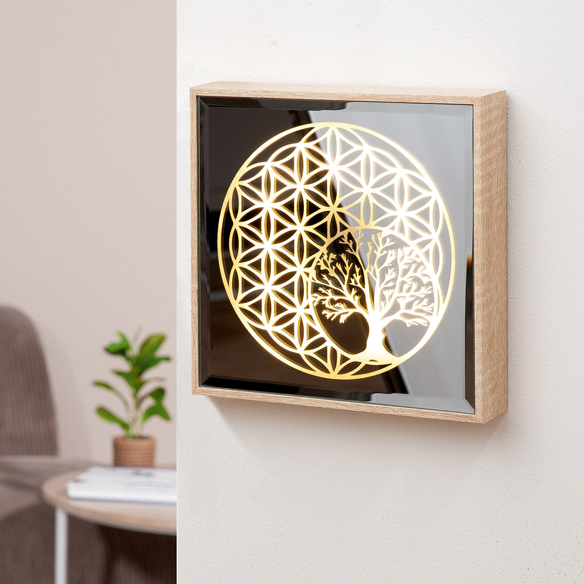 LED Spiegelbild Lebensbaum<br>mit Blume des Lebens