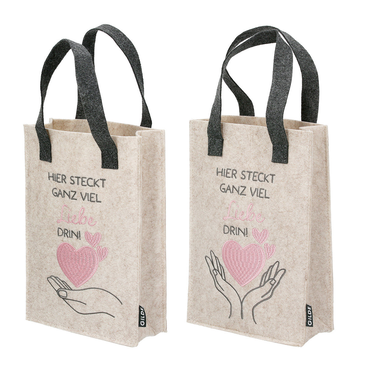 Geschenktasche aus Filz mit Herzmotiv und Spruch