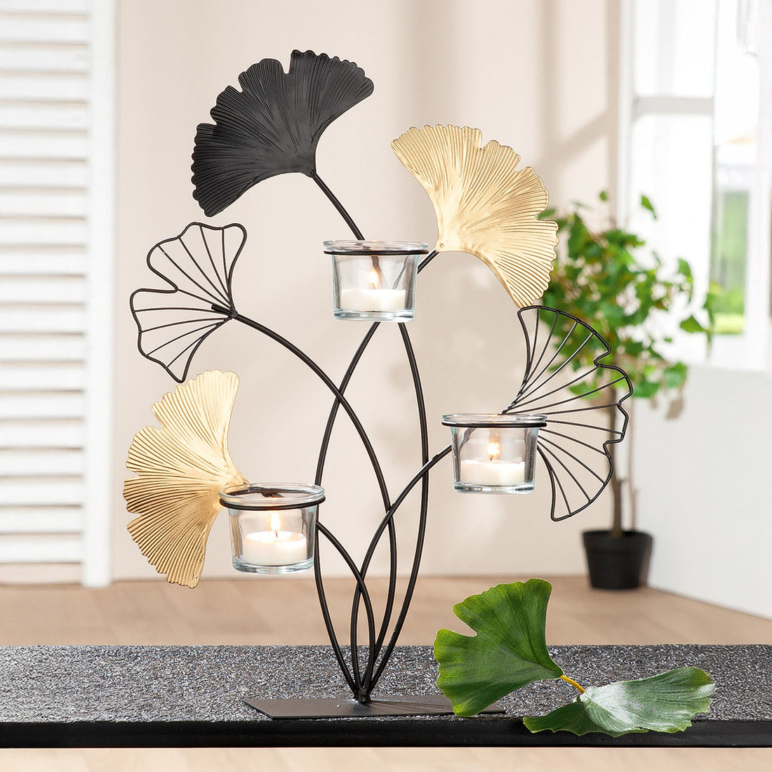 Teelichtleuchter Ginkgo<br> aus Glas und Metall