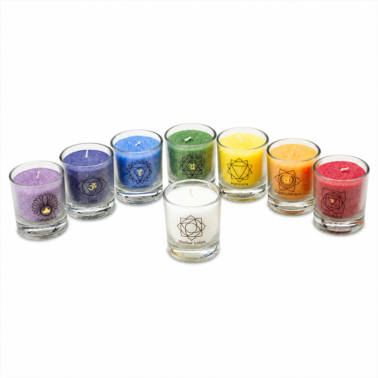 Kerze im Glas – 8er-Set Chakrafarben