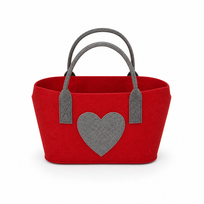 Filztasche mit Herzmotiv <br> grau und rot