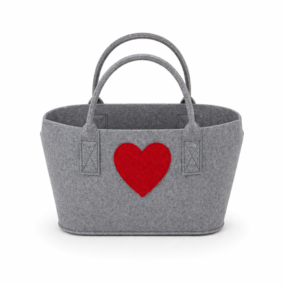 Filztasche mit Herzmotiv <br> grau und rot
