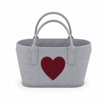 Filztasche mit Herzmotiv <br> grau und rot