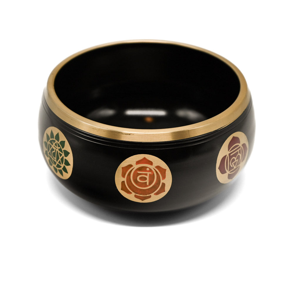 Klangschale mit Chakra-Gravur 18 cm – schwarz, Ton Fis
