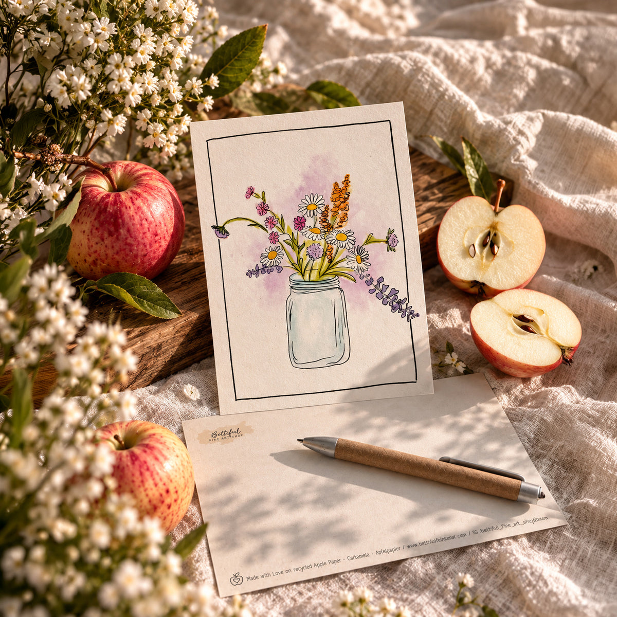 Unikat-Grusskarte aus Apfelpapier – Blumenstrauss im Glas