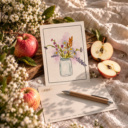 Unikat-Grusskarte aus Apfelpapier – Blumenstrauss im Glas