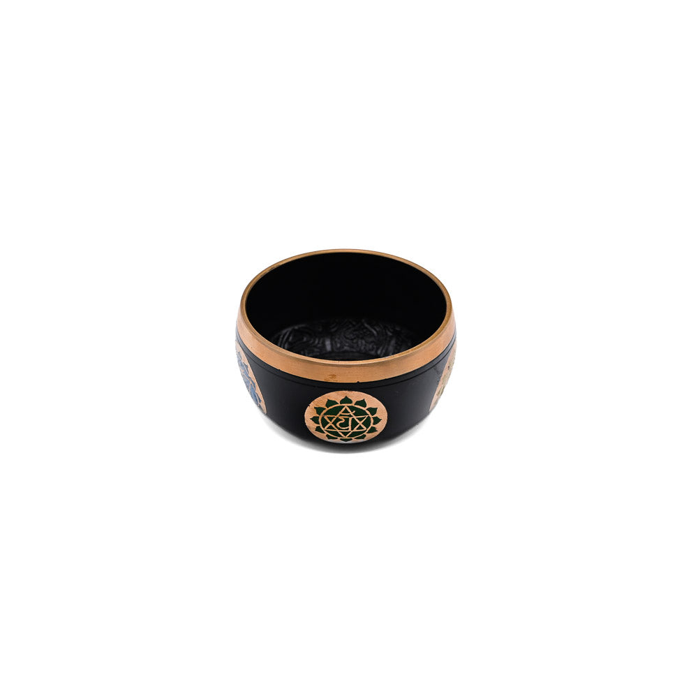 Klangschale mit Chakra-Gravur Ø 8,5 cm – schwarz