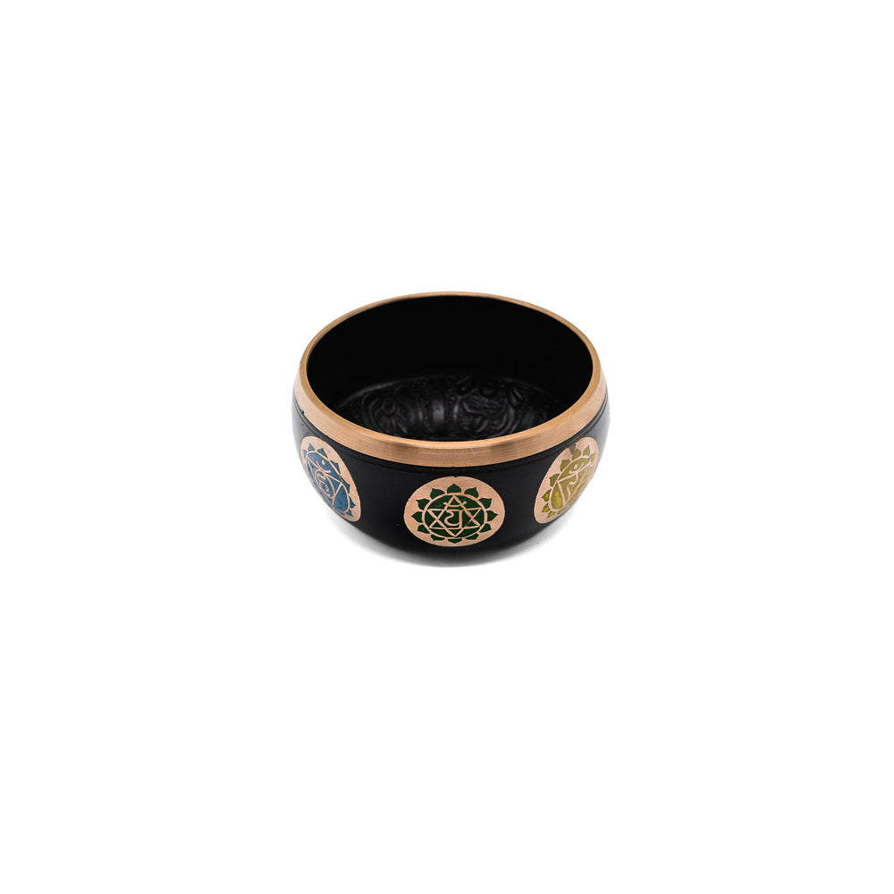 Klangschale mit Chakra-Gravur Ø 10 cm – schwarz